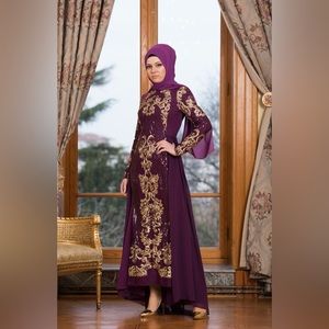 Purple and gold modest evening dress